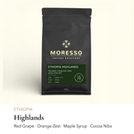 Ethiopia Highlands specialty coffee by Moresso Coffee Roasters, washed Limu Ethiopia with tasting notes of red grape, orange zest, maple syrup and cocoa nibs.