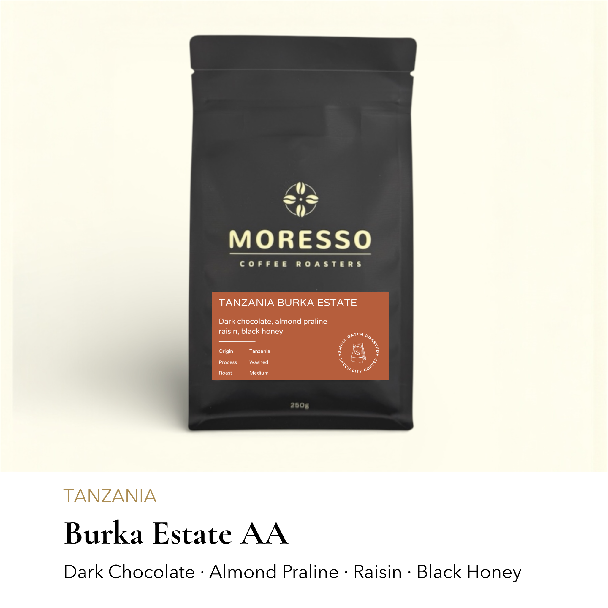 Tanzania Burka Estate AA single origin coffee beans by Moresso Coffee Roasters.